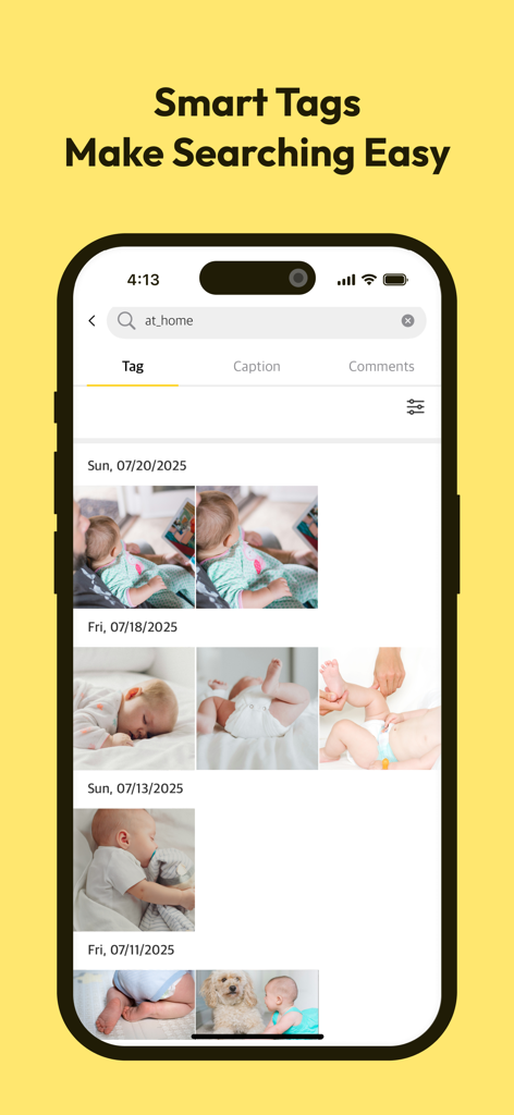 Un'interfaccia mobile dell'app Babyfolio che mostra la funzione di ricerca con tag intelligenti con foto del bambino organizzate per data.