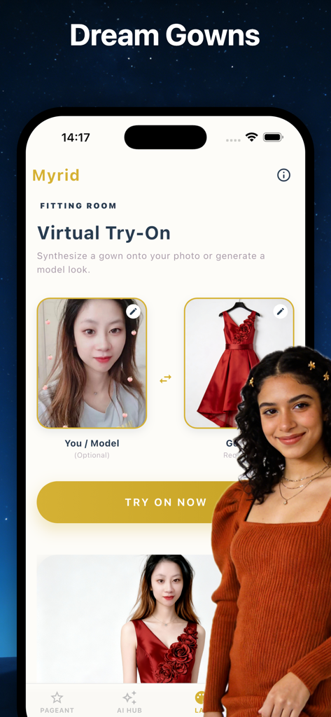 Myrid：Soul Style&Chat - Interface de l'application mobile Myrid pour l'essayage virtuel de robes utilisant la technologie IA