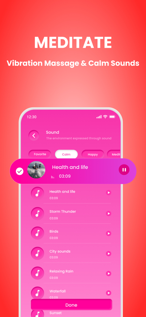 Vibrator massager app interface showing a list of calm meditation sounds including birds and relaxing rain