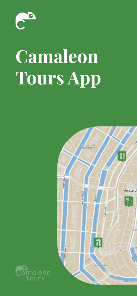 Camaleon App - Camaleon Tours App interface showing a city map of Amsterdam with restaurant location pins