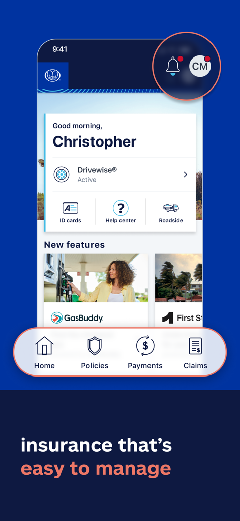 Allstate® Mobile - Allstate Mobile app home screen showing dashboard with insurance management tools and personalized greetings