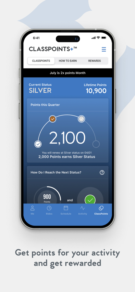 Club Pilates app interface showing ClassPoints loyalty program status and lifetime points tracking
