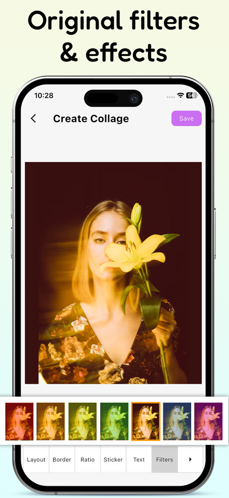 iPhone-App-Oberfläche von Fotoeditor Collage Maker, die Originalfilter und auf ein Foto einer Frau, die eine Lilie hält, angewendete Effekte zeigt.