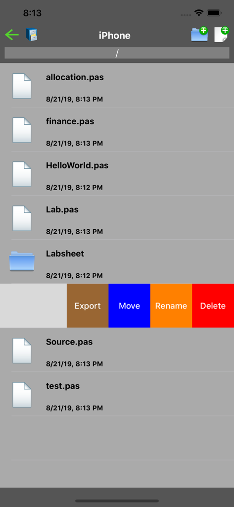 Pascal Programming Compiler - Schermata di gestione file che mostra file di codice sorgente Pascal e opzioni di modifica