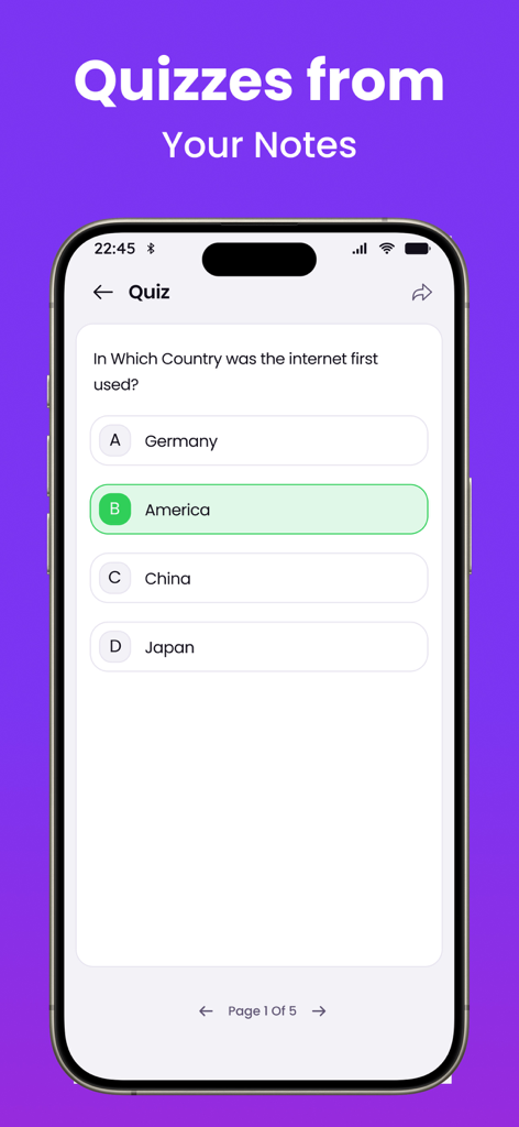 Transcribe  Ai - Note Taker - Transcribe Aiアプリのメモから生成された多肢選択クイズを表示するスマートフォン画面。