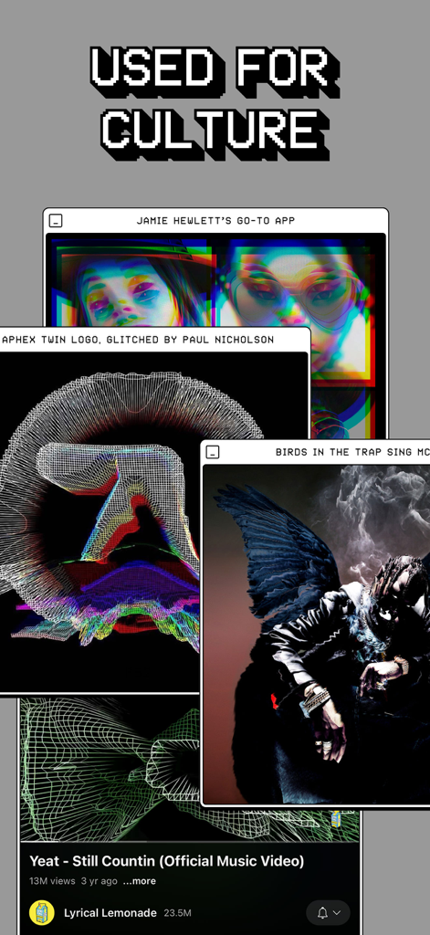 Glitche app display showing artistic digital glitches and cultural visual collaborations
