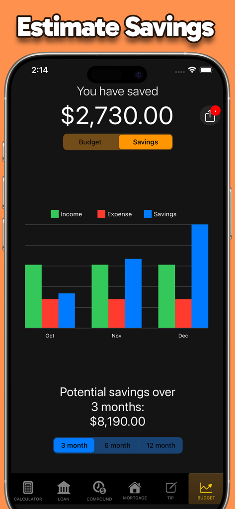 Calculator: No Ads / Ad-Free - Pantalla de proyección de ahorros con un gráfico de barras que muestra los ingresos, gastos y ahorros durante tres meses