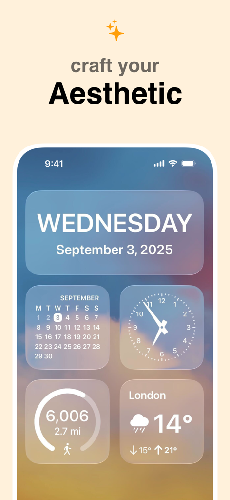 iPhone home screen with custom widgets for calendar clock steps and weather