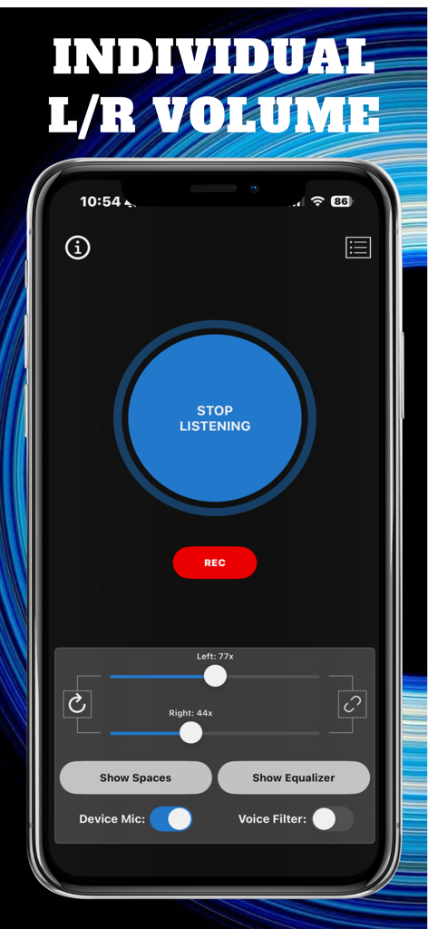 Hear Boost: Recording Ear Aid - Hear Boost app interface showing independent volume sliders for left and right ear amplification.