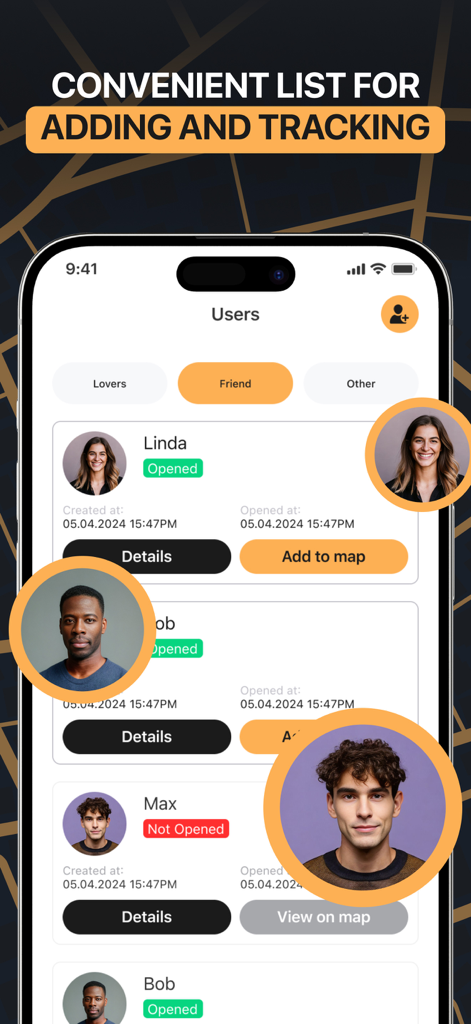Interface do usuário de aplicativo móvel mostrando uma lista de pessoas para rastreamento de localização com atualizações de status