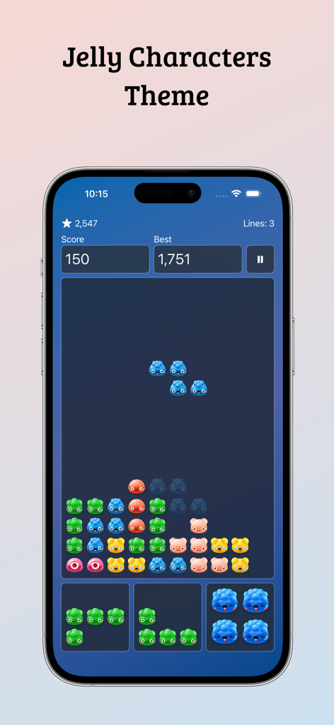 A screenshot of Falling Blocks Puzzle Game showing the Jelly Characters theme with colorful block shapes on an iPhone.