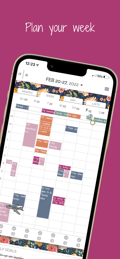 Artful Agenda - Artful Agenda app weekly calendar view with floral designs and digital stickers on a smartphone