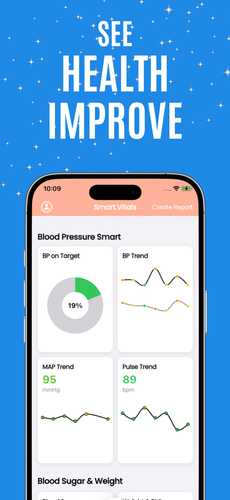 Blood pressure app Free of-ads - Blood pressure app dashboard with charts for health trends and vital statistics