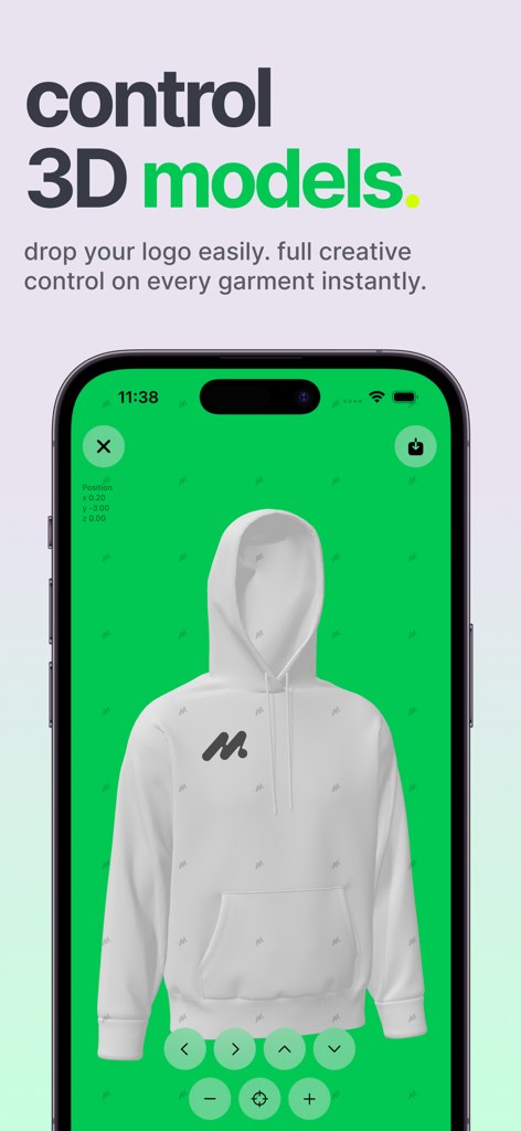 Mock・3D Mockups・Cloth Designer - 3D white hoodie mockup on a smartphone screen with logo placement tools