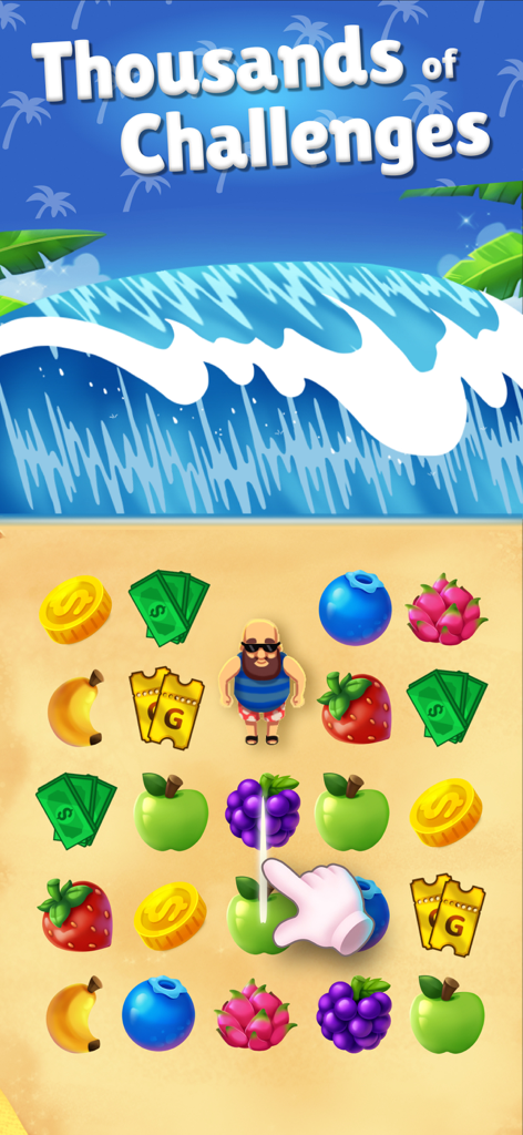 Tropical Crush: Lucky Match - 열대 파도 배경 아래 과일, 현금, 코인이 있는 매치-3 퍼즐 보드.