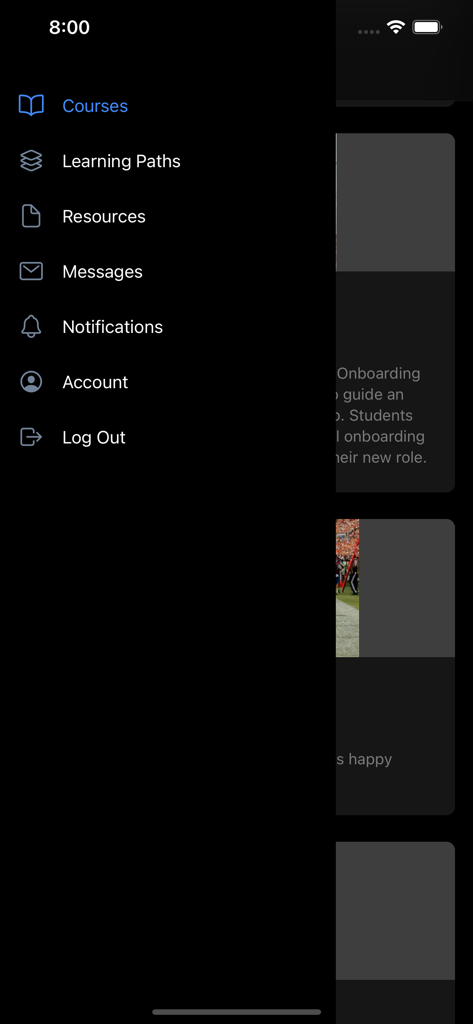 SkyPrep - The navigation menu of the SkyPrep mobile app showing links to courses learning paths resources and account settings