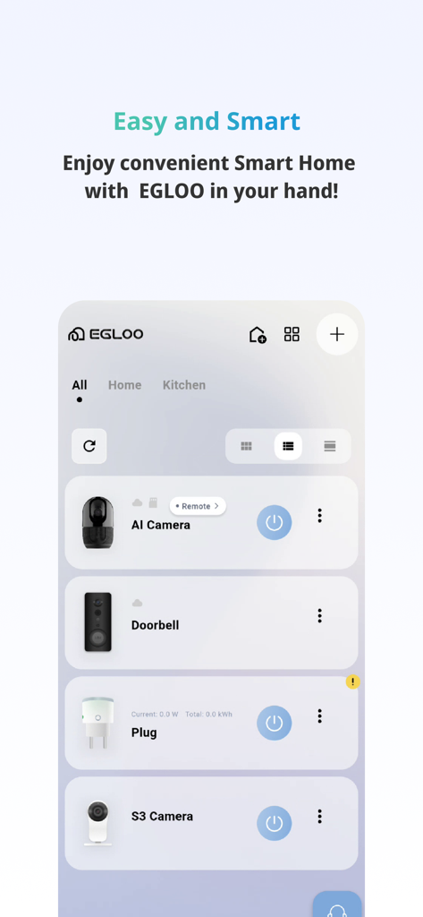 EGLOO - EGLOO app interface showing connected smart home devices like AI cameras, doorbell, and smart plug