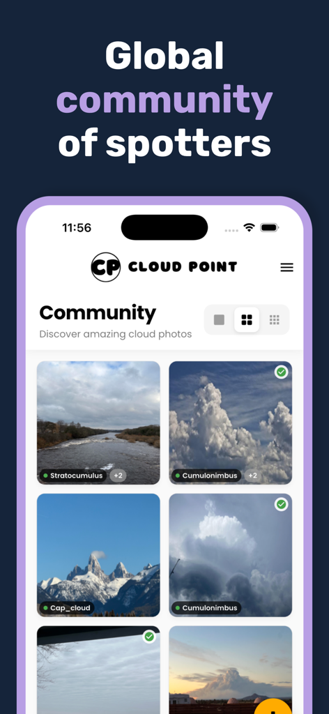 Cloud Point: Cloud Identifier - Cloud Point app community screen showing a gallery of user-shared cloud photos with identification labels