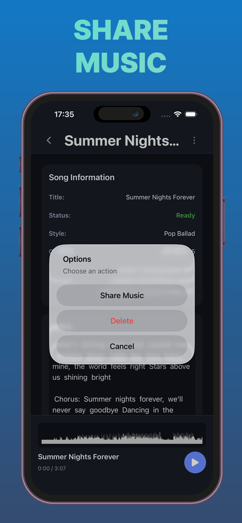 Interfaz de la aplicación creadora de música con IA que muestra opciones para compartir o eliminar una canción de balada pop generada.