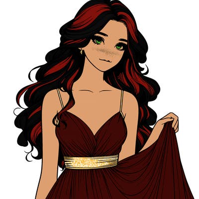 realistic girl in flowy silky prom dress