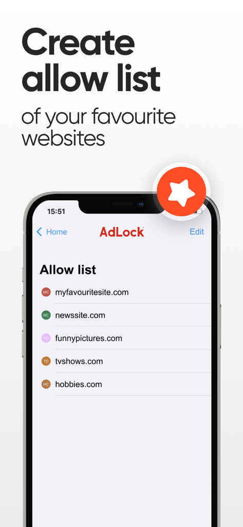 AdLock: Ads Blocker & Privacy - AdLock app screen showing how to create an allow list for favorite websites on iPhone