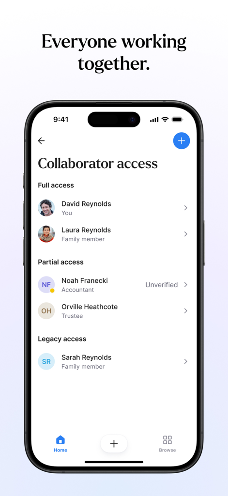 Pantalla de la aplicación Trustworthy que muestra los niveles de acceso de colaboradores para contactos familiares y profesionales.