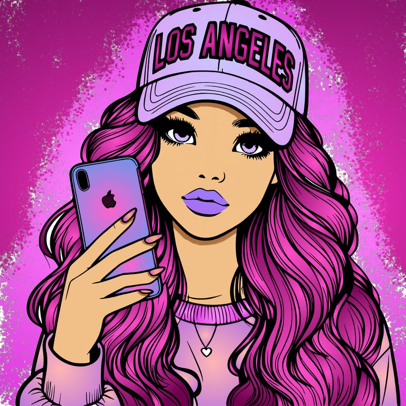 realistic beautiful girl wearing los ángeles cap holding an iphone