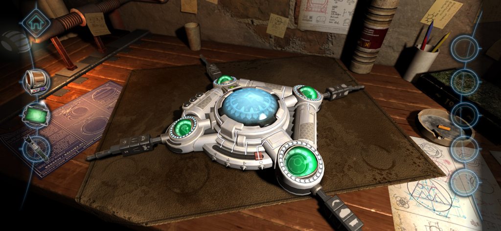 Machinika Museum - A cryptic alien machine with glowing green lights on a workshop workbench