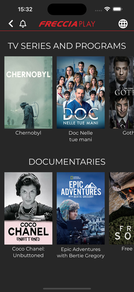 FRECCIAPlay app interface showing TV series and documentaries available for travelers on Trenitalia trains