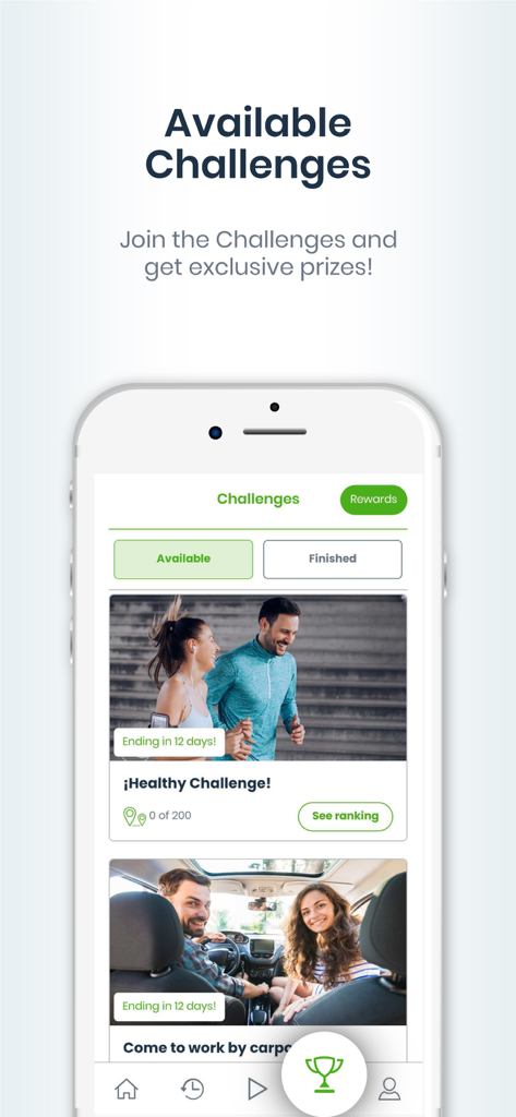 Ciclogreen - Mobility - Una pantalla de teléfono móvil que muestra los desafíos de fitness y carpooling disponibles en la aplicación Ciclogreen con opciones para ganar premios exclusivos