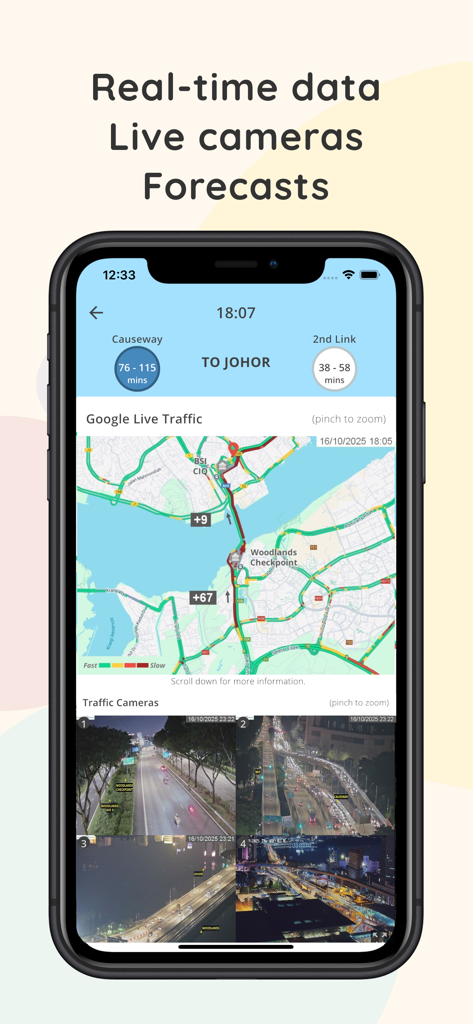 Interface of Beat the Jam app showing real-time traffic estimates, Google Live Traffic map, and live camera feeds for the Singapore-Malaysia border crossing.