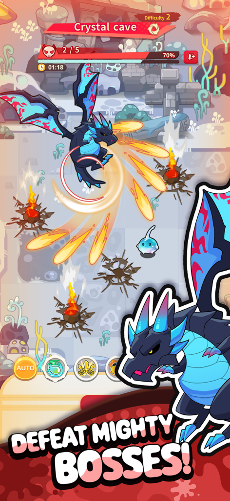 Pew Pew Slime - Idle RPG - Un personaje slime azul esquivando bolas de fuego de un gran dragón negro jefe en un nivel de Cueva de Cristal