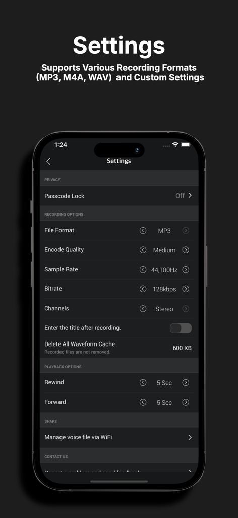 SoriNote PRO: Voice Recorder - SoriNote PRO voice recorder app settings screen showing audio file formats and recording quality options