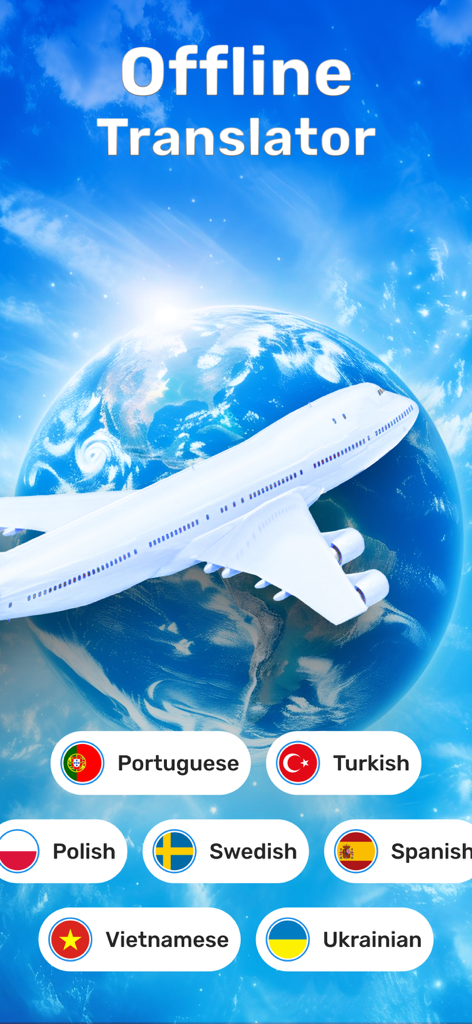 AI Translate: Live Translator - AI Translate app showing offline translator feature with an airplane over Earth and various language buttons
