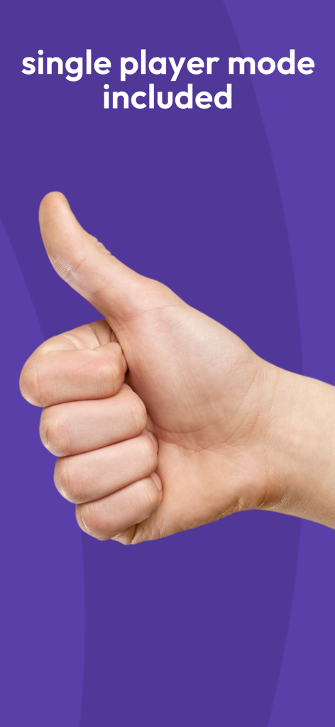 Storiado: twisted party game - A thumbs up gesture against a purple background with text announcing that single player mode is included in the Storiado party game.