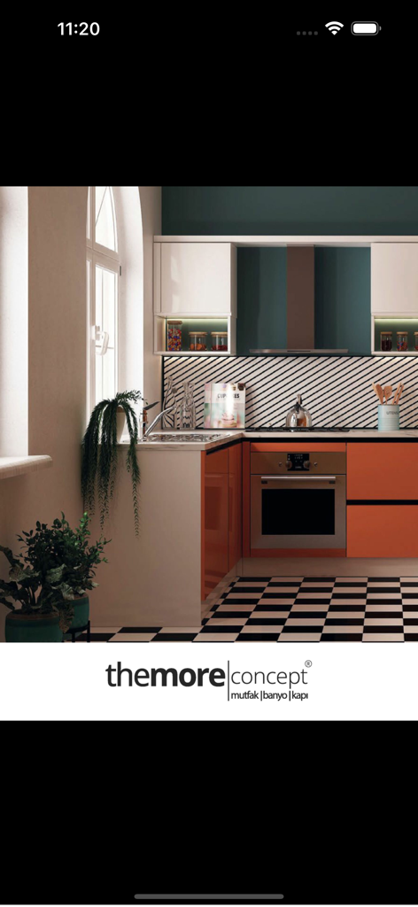 House Beautiful Turkiye - Modern kitchen interior with orange cabinets and checkered flooring from House Beautiful Turkiye magazine