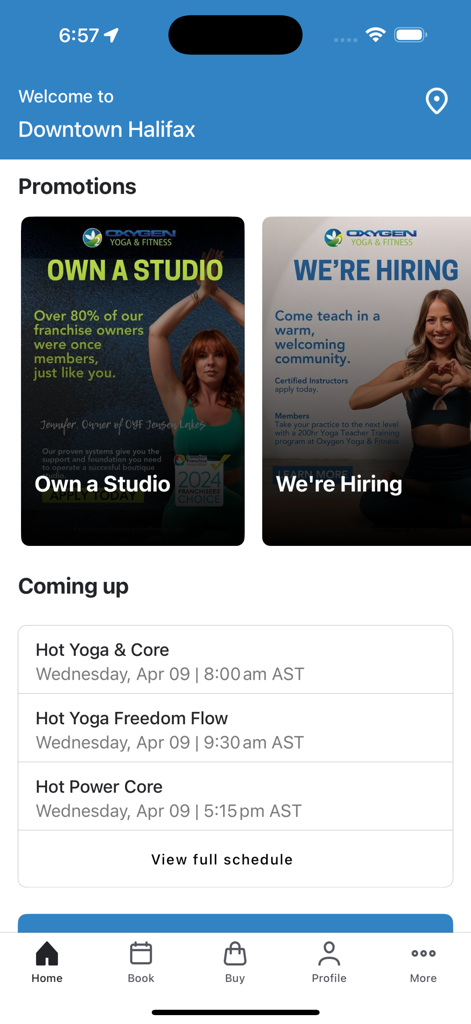 Oxygen Yoga & Fitness - Oxygen Yoga and Fitness mobile app home screen showing local class schedules and studio promotions
