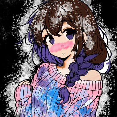 anime cute girl with hair in loose side braid and a sweater off on one shoulder