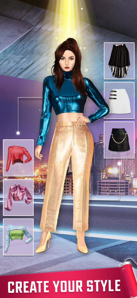 Fashion Show - Dress Up Games - A fashion model wearing a blue metallic top and gold pants in a dress up game interface