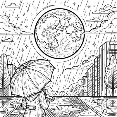 Experience the dramatic beauty of a Blood Moon on a Rainy Day. This unique coloring page offers a captivating scene to bring to life with your favorite hues.