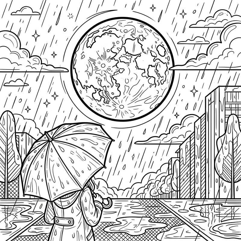 Experience the dramatic beauty of a Blood Moon on a Rainy Day. This unique coloring page offers a captivating scene to bring to life with your favorite hues.
