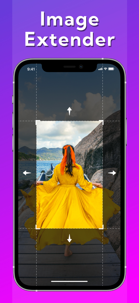 AI Expandアプリのインターフェース。AIアウトペインティングを使用して、元の境界線を超えて拡張されている写真が表示されています。