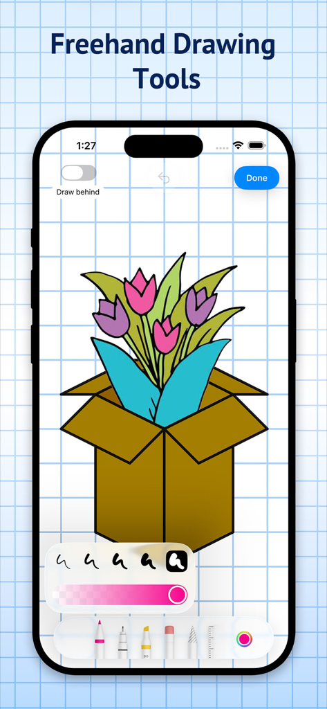 Graph Paper Pro - Interfaz de iPhone de la aplicación Graph Paper Pro con un dibujo a mano alzada de flores en una caja sobre un fondo de cuadrícula azul con herramientas de arte digital.