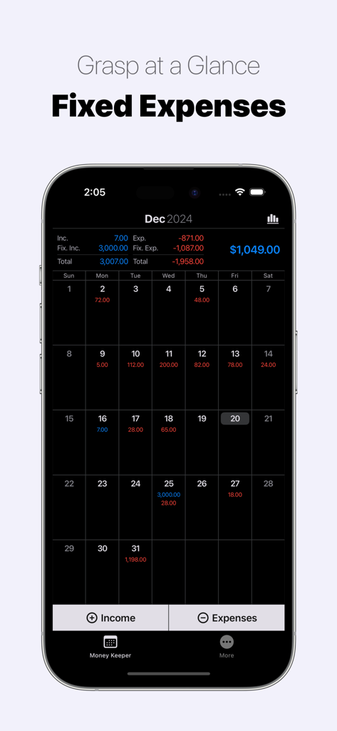 Money Keeper: Expenses Tracker - A calendar view in the Money Keeper app showing daily spending and monthly fixed expense summaries.