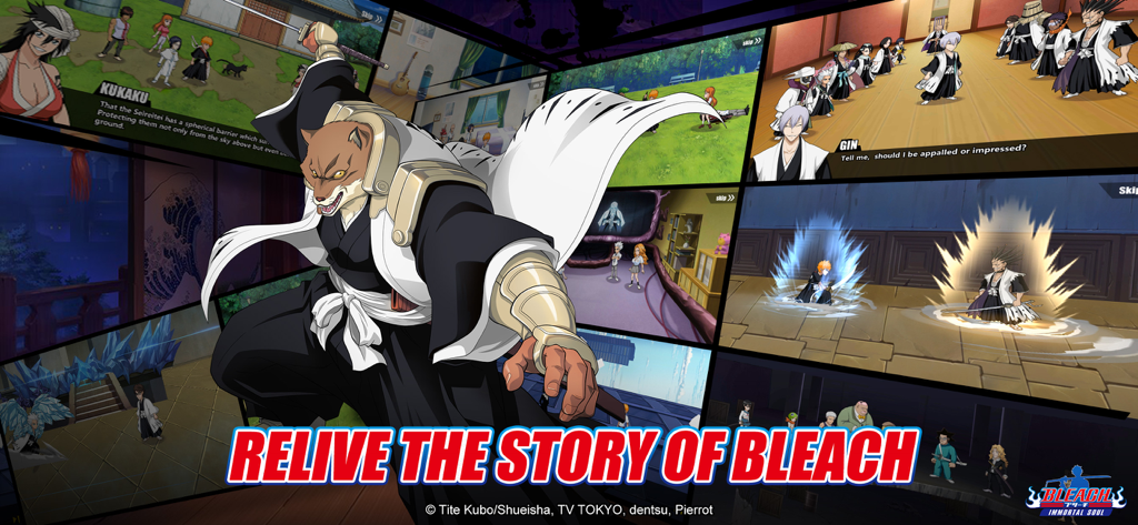A promotional banner for Bleach: Immortal Soul featuring Sajin Komamura and various in-game story panels with the text Relive the Story of Bleach