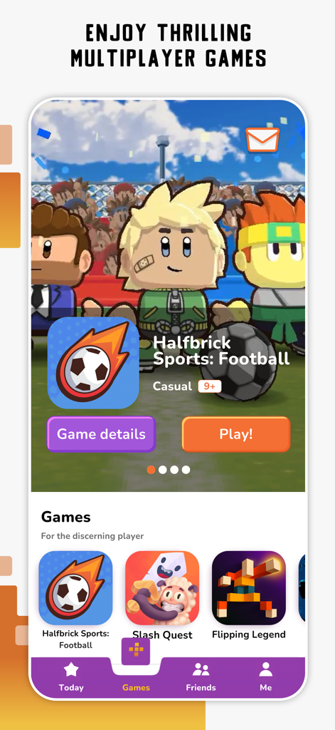 Halfbrick+ Games with Friends - Halfbrick Plus app interface showing multiplayer games and featured football game.