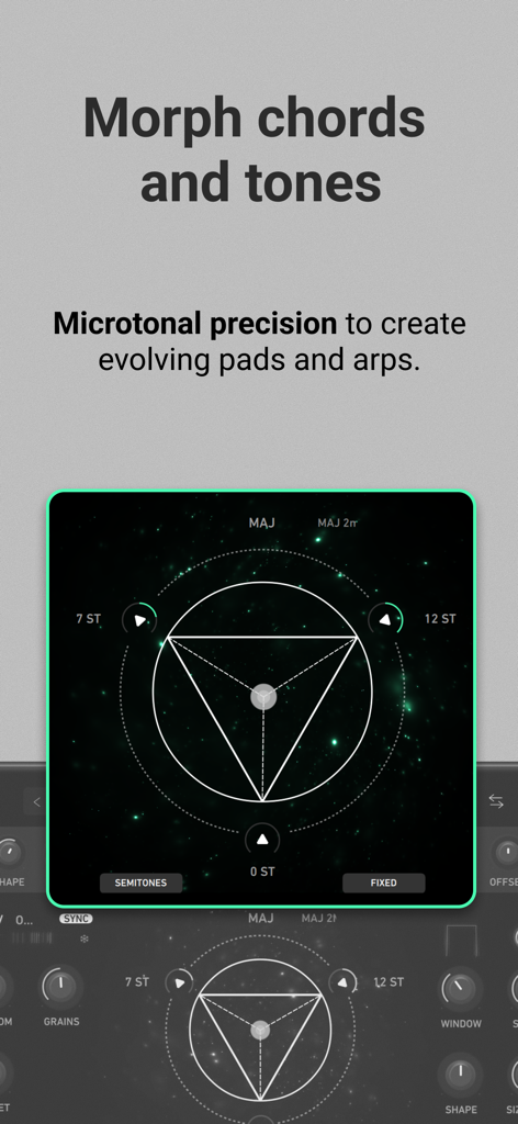 The Harmonic Triangle interface of the GRFX app for morphing chords and tones with microtonal precision