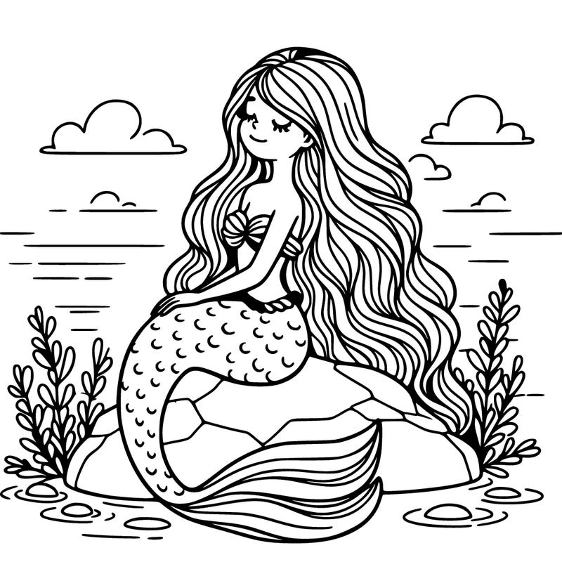 a beautiful mermaid sitting on a rock looking at the sky and she has really long hair.