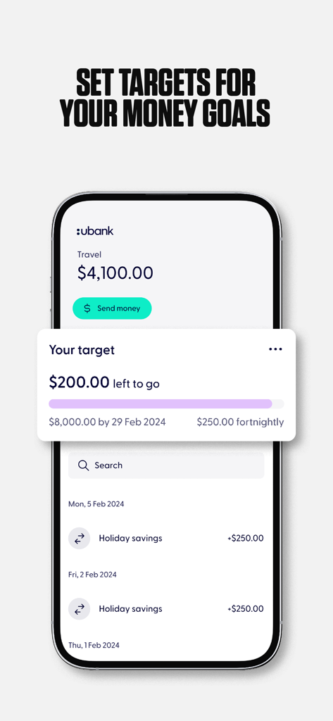 Ubank mobile app screen displaying savings targets and progress for a travel goal