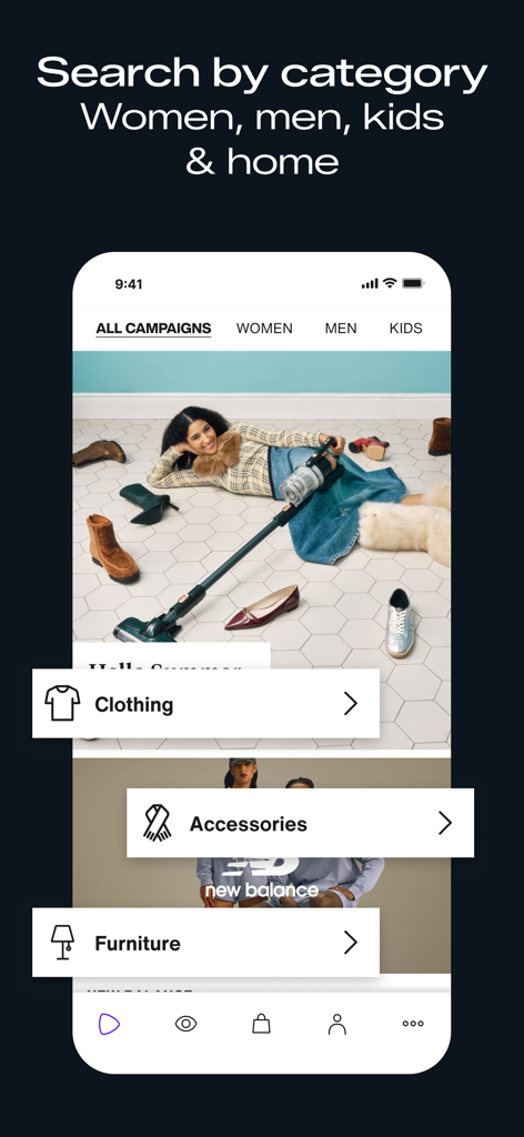 Ecrã da aplicação móvel Lounge by Zalando mostrando categorias de compras para vestuário, acessórios e mobiliário